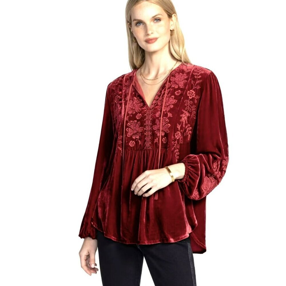 Johnny Was Curved Hem Prairie Blouse Velvet Size Small New